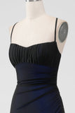 Black Red Spaghetti Straps Mermaid Pleated Long Bridesmaid Dress with Slit