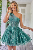Green One Shoulder Tulle Beaded Short Homecoming Dress