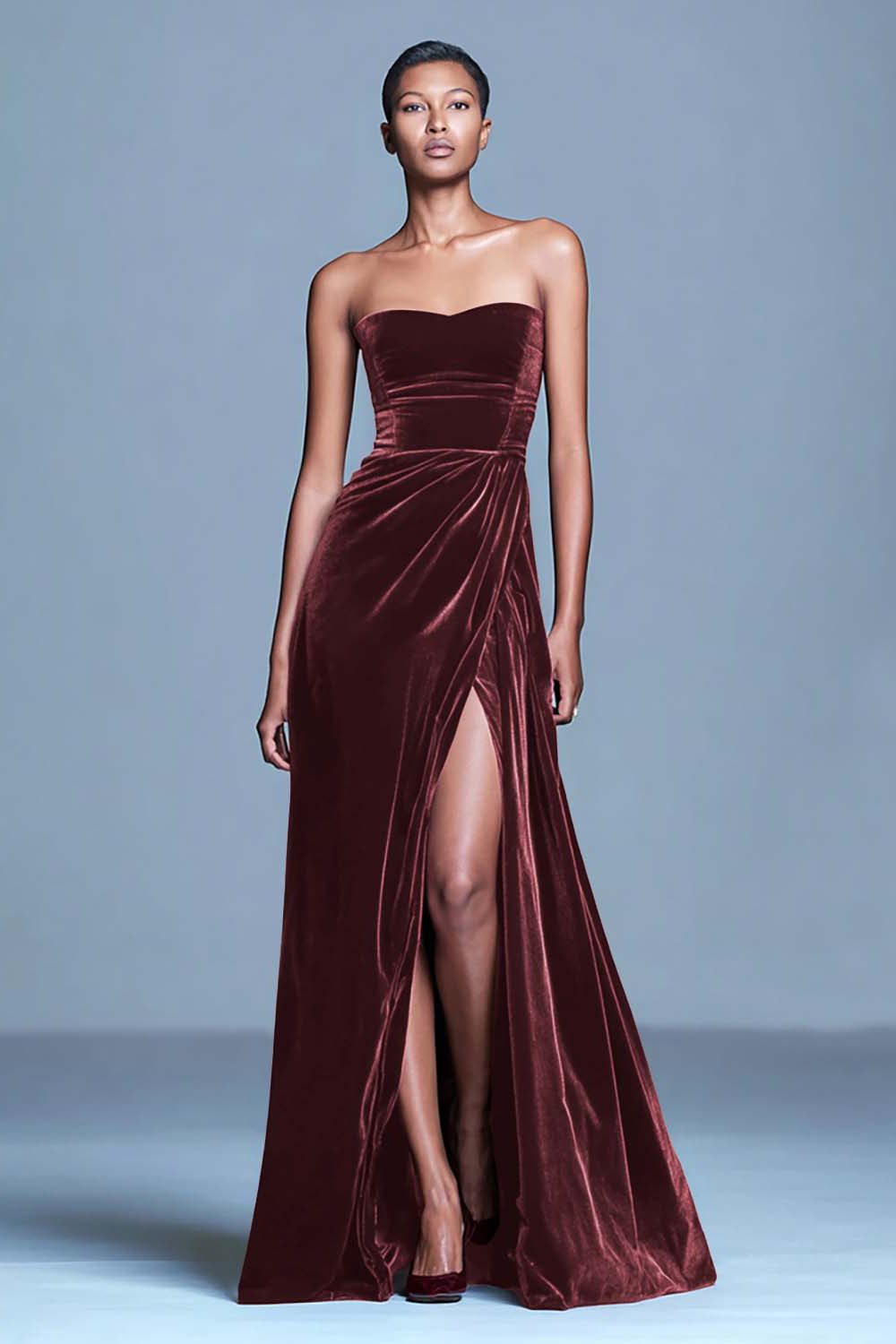Burgundy Velvet Strapless Long Holiday Party Dress with Slit