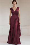 Grey Blue V-Neck Sheath Long Ruched Formal Dress with Ruffles