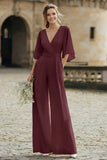 Ivory V-Neck Half Sleeves Long Wedding Jumpsuits with Pockets
