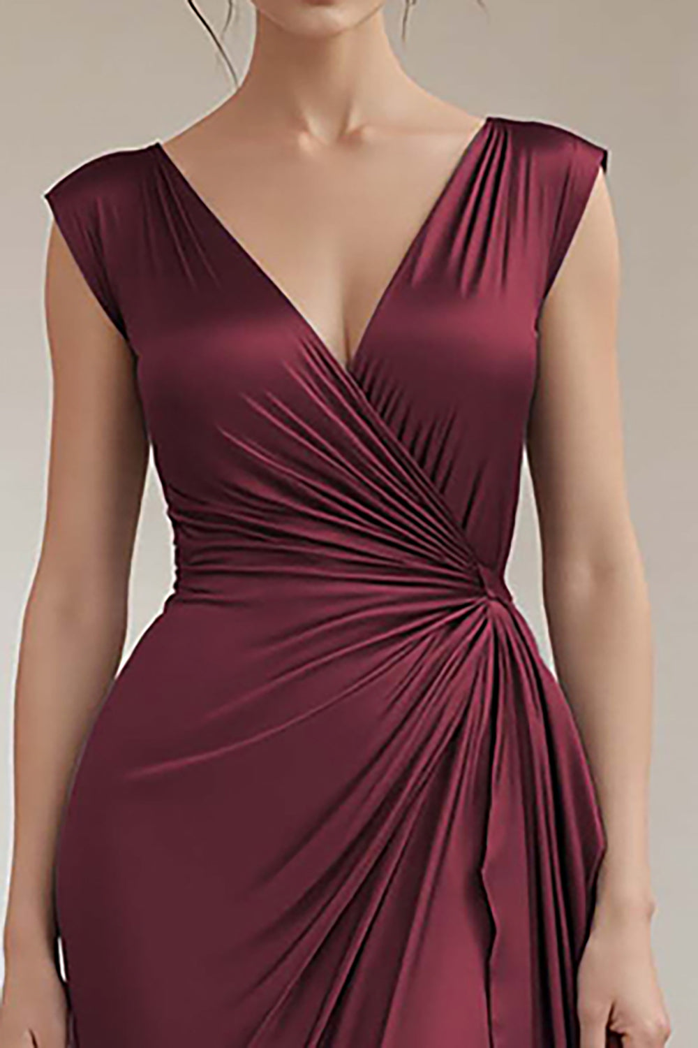 Grey Blue V-Neck Sheath Long Ruched Formal Dress with Ruffles