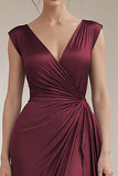 Grey Blue V-Neck Sheath Long Ruched Formal Dress with Ruffles