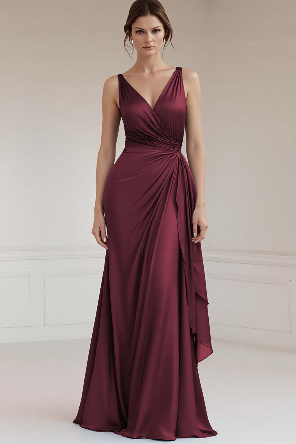 Grey Blue Sheath V-Neck Long Satin Ruched Formal Dress