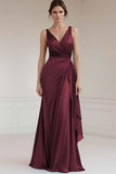 Grey Blue Sheath V-Neck Long Satin Ruched Formal Dress