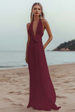 Burgundy A Line Deep V-Neck Long Formal Dress with 3D Flower