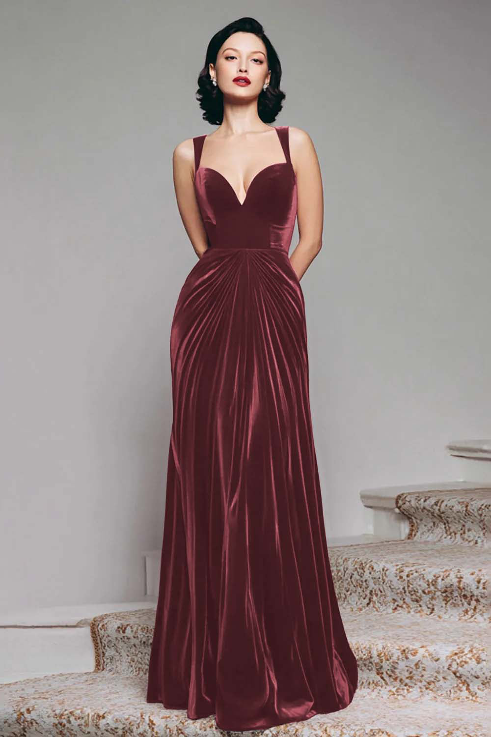 Burgundy Velvet Mermaid Thick Straps Ruched Long Holiday Party Dress