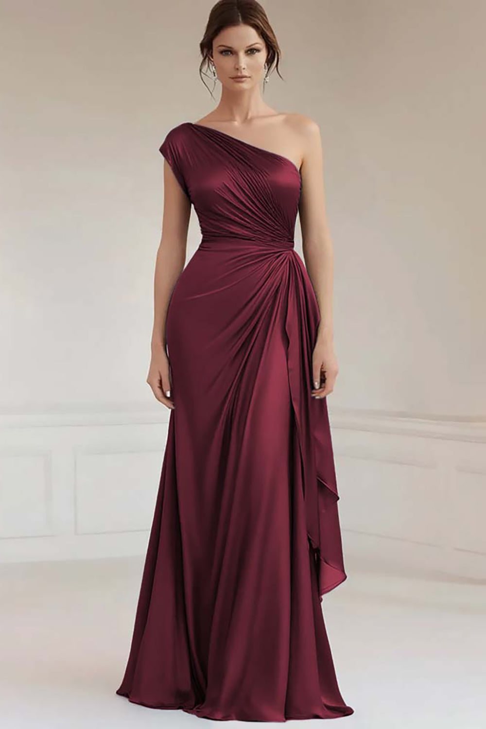 Grey Blue One Shoulder Sheath Long Ruched Formal Dress