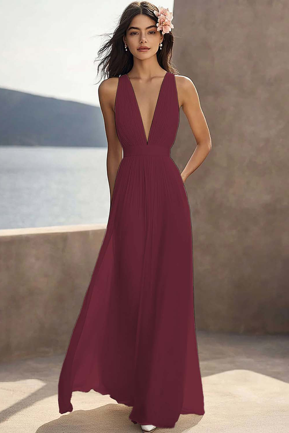 Chiffon Ivory Ruched Deep V-Neck Beach Maxi Engagement Dress