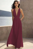 Chiffon Ivory Ruched Deep V-Neck Beach Maxi Engagement Dress