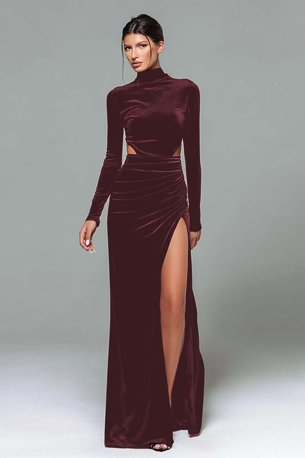 Black Velvet High Neck Sheath Long Sleeves Holiday Party Dress with Slit