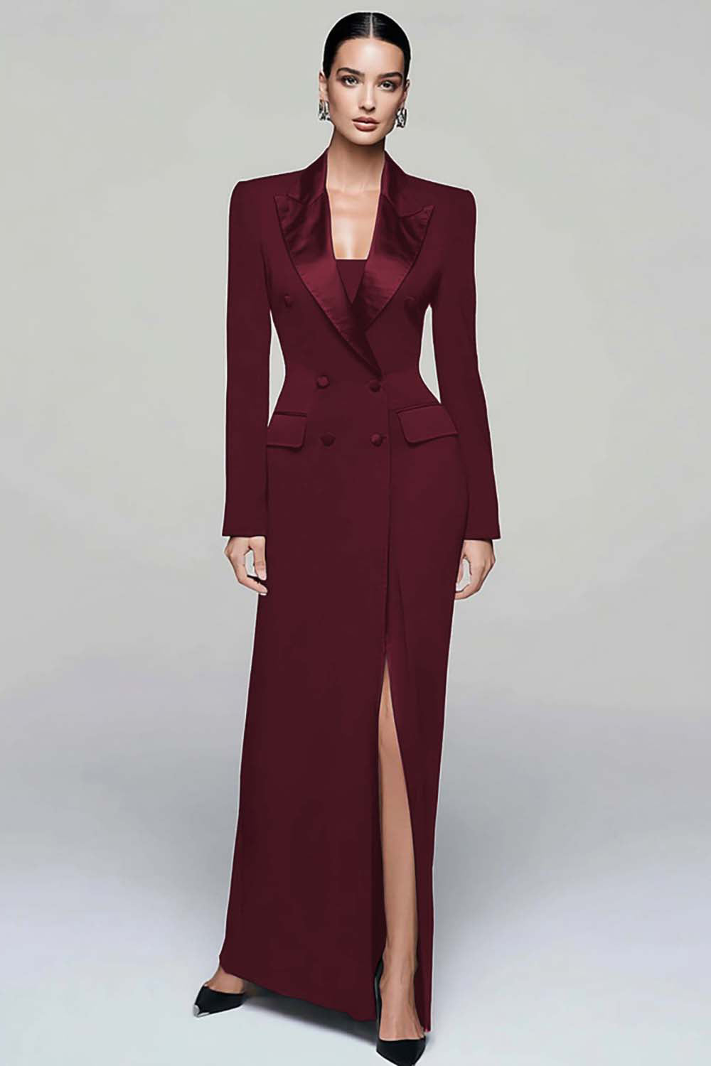 Zapaka Women Black Blazer Dress with Slit Peak Lapel Double Breasted Business Outfit, Cabernet / 2XL Zapaka Women Black Blazer Dress with Slit Peak Lapel Double Breasted Business Outfit, Cabernet / 2XL