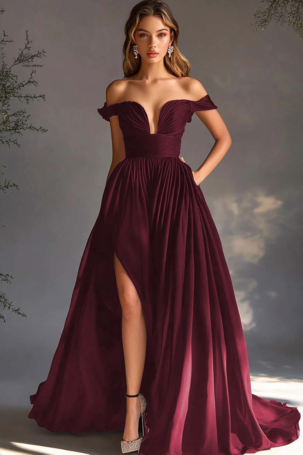 A Line Chiffon Pleated Long Off the Shoulder Formal Dress with Slit