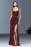 Burgundy Velvet Ruched Long Holiday Party Dress with Slit