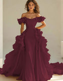Yellow Satin Long Off the Shoulder Prom Dress with Ruffles