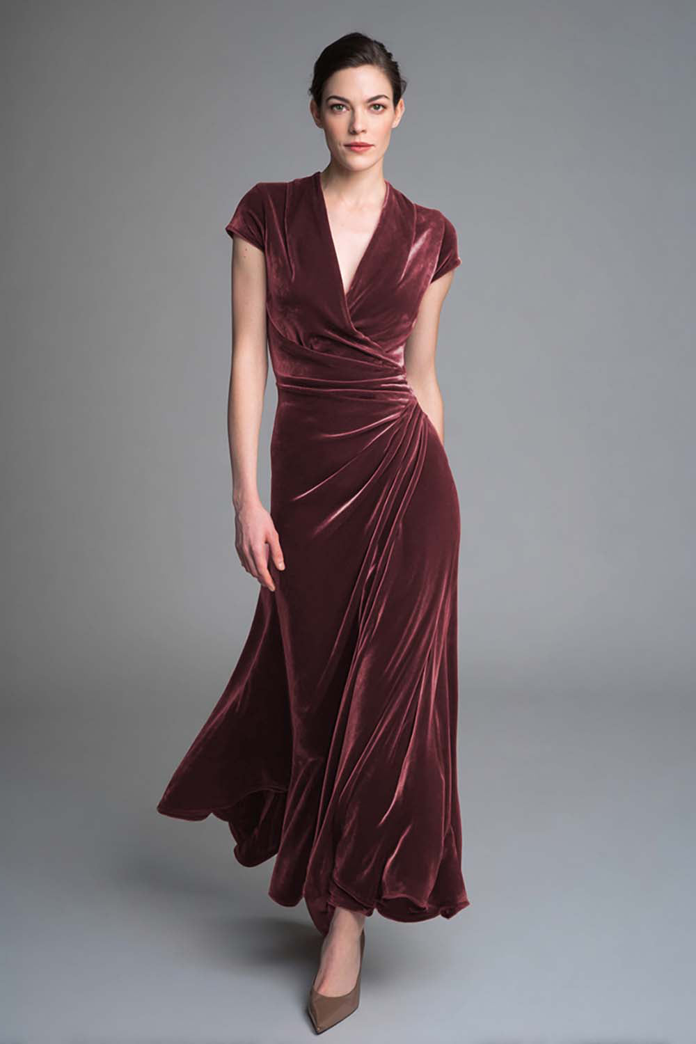 Caramel Velvet Ruched V Neck Long Holiday Party Dress with Sleeves