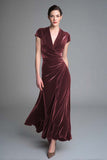 Caramel Velvet Ruched V Neck Long Holiday Party Dress with Sleeves