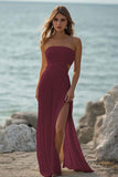Black Strapless Pleated Chiffon Long Formal Dress with Slit