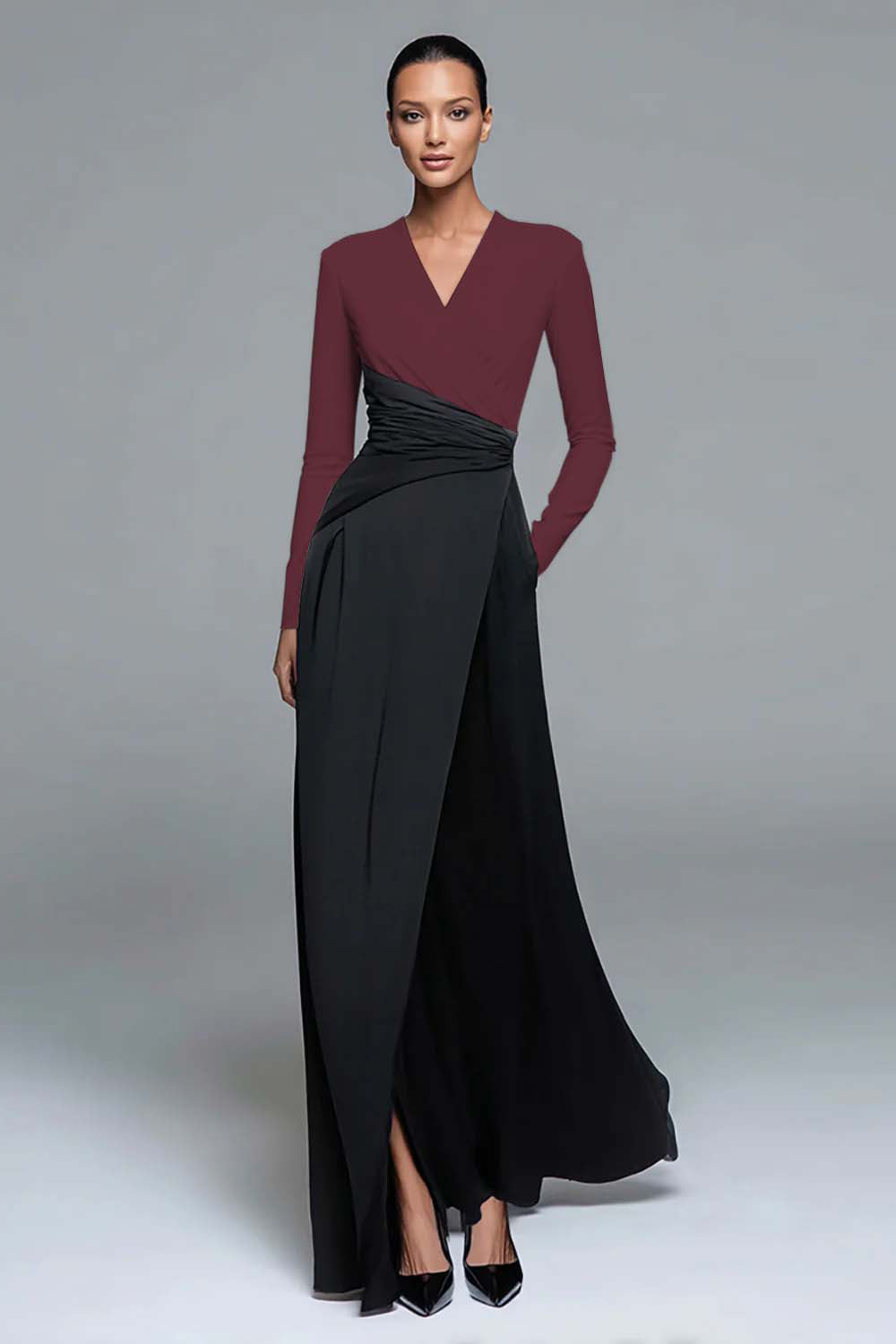 Zapakasa Women Black and White Patchwork Long Formal Dress with Pockets V-Neck Satin Sheath Evening Dress with Slit Zapakasa Women Black and White Patchwork Long Formal Dress with Pockets V-Neck Satin Sheath Evening Dress with Slit
