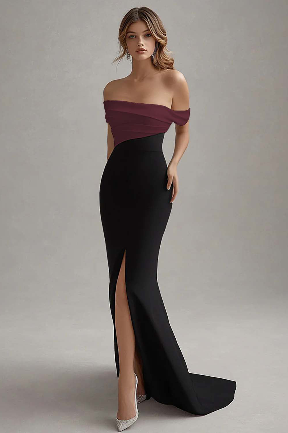 Black White Long Off the Shoulder Sheath Black Tie Dress with Slit