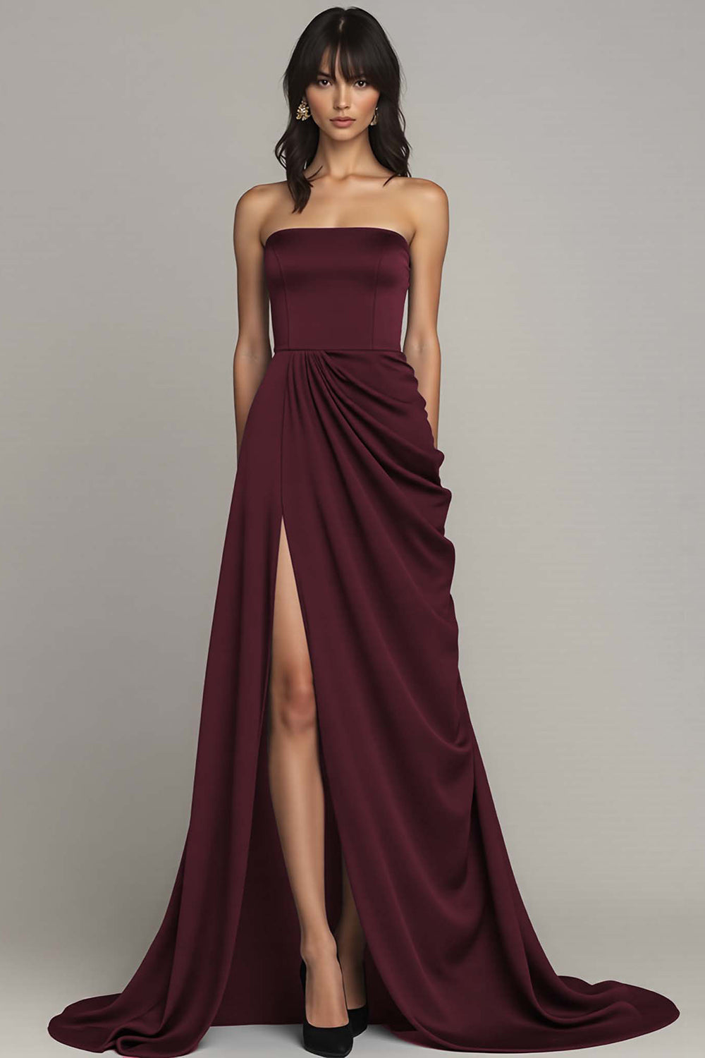 Black Strapless A Line Satin Long Formal Dress with Slit