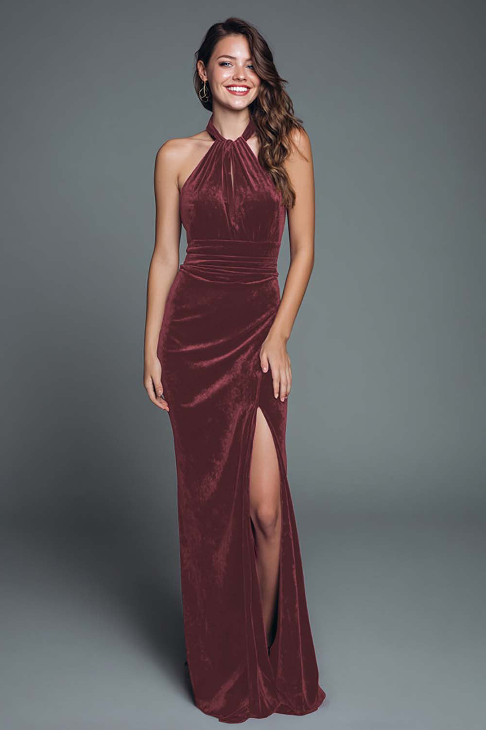Burgundy Halter Velvet Mermaid Long Holiday Party Dress with Slit