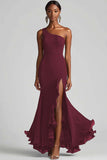 Black Mermaid One Shoulder Chiffon Long Ruffled Formal Dress with Slit