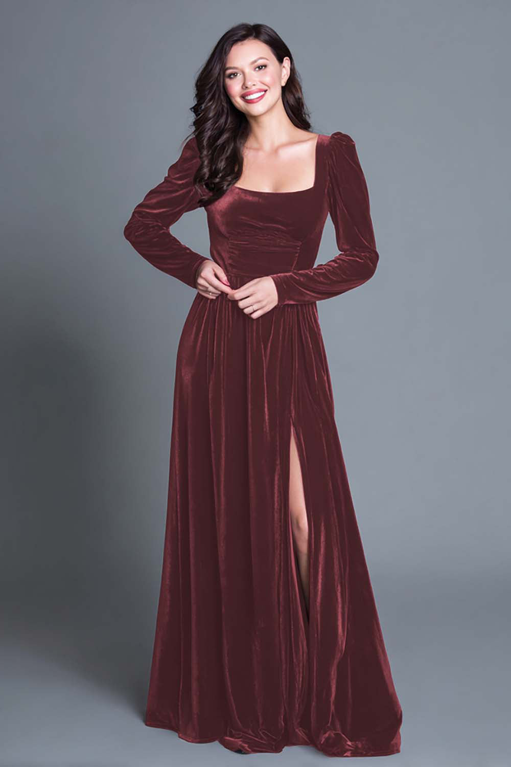 Zapaka Women Burgundy A-Line Velvet Long Formal Dress with Slit Long Sleeves Square Neck Evening Dress, Burgundy / US16W