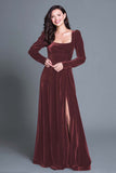 Burgundy A-Line Long Sleeves Velvet Long Holiday Party Dress with Slit