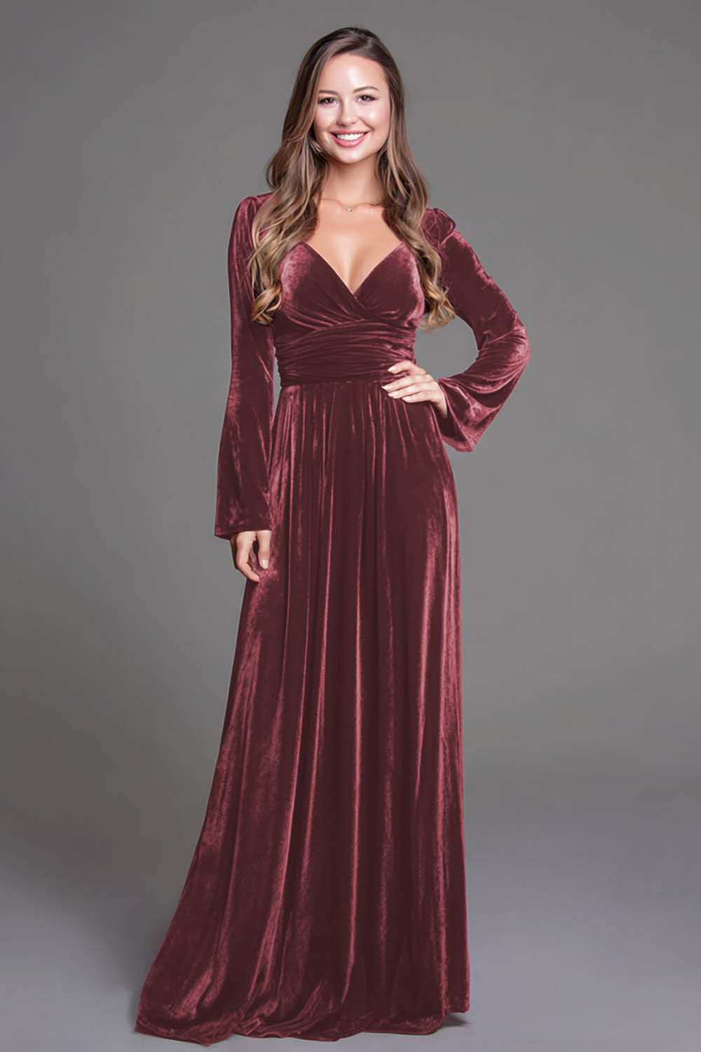 Burgundy Velvet A-Line V-Neck Long Holiday Party Dress with Sleeves