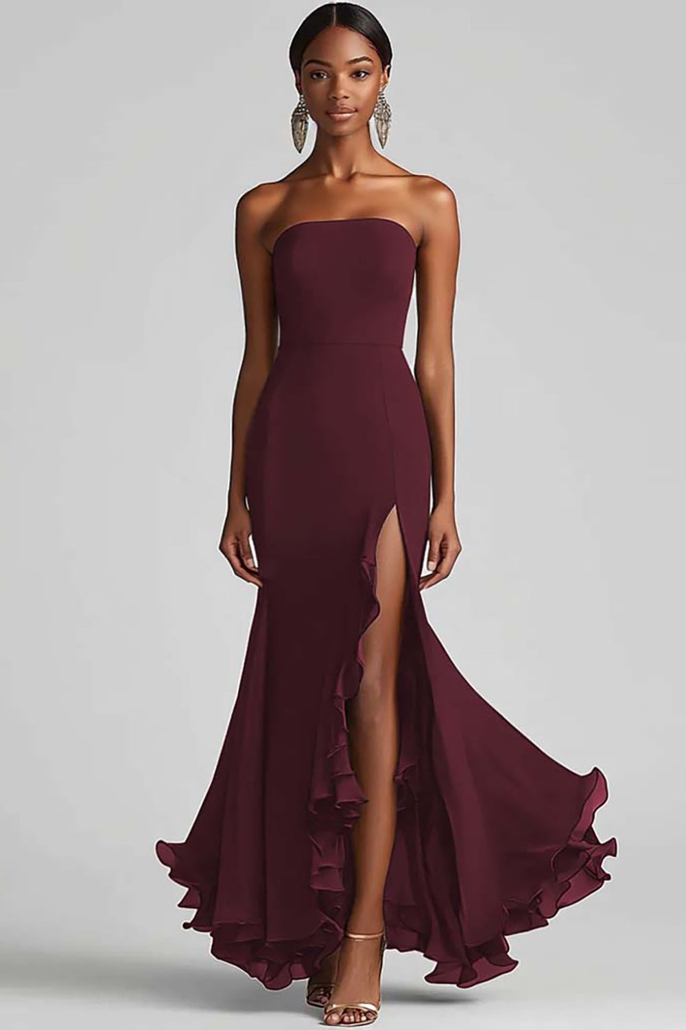 Strapless Chiffon Long Sheath Black Tie Dress with Slit