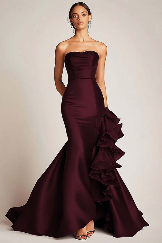 ZAPAKASA Women Cabernet Satin Mermaid Strapless Long Black Tie Dress with Ruffles Formal Dress