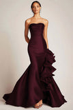 Satin Mermaid Long Strapless Formal Dress with Ruffles