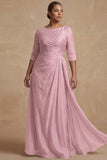 Dusty Sage Bateau Neck A Line Long Mother of the Bride Dress with Sleeves