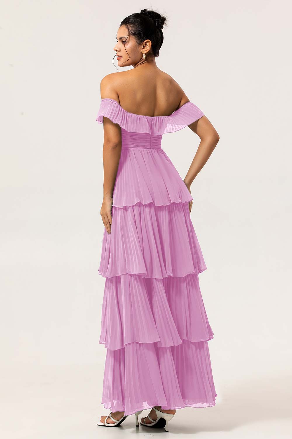 Eucalyptus Off The Shoulder Pleated Long Tiered Bridesmaid Dress