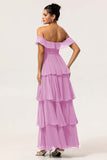 Eucalyptus Off The Shoulder Pleated Long Tiered Bridesmaid Dress