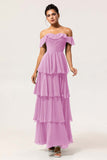 Eucalyptus Off The Shoulder Pleated Long Tiered Bridesmaid Dress