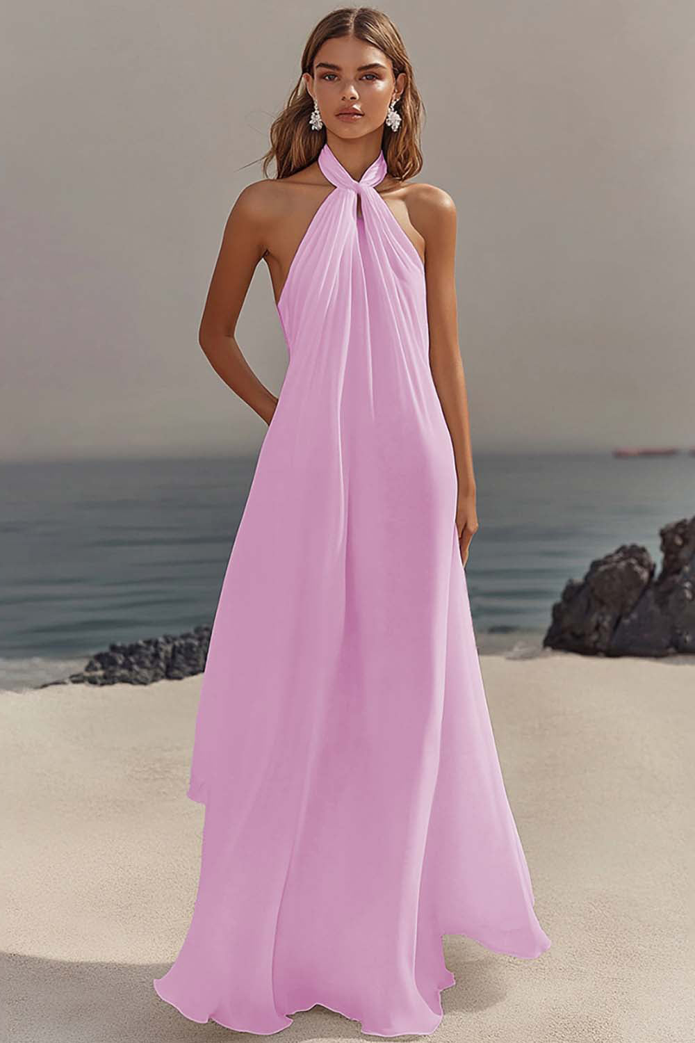 Chiffon White A Line Halter Long Rehearsal Dinner Dress