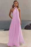 Chiffon White A Line Halter Long Rehearsal Dinner Dress