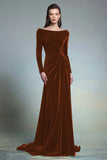 Dark Green Velvet Ruched Boat Neck Long Sleeves Formal Dress
