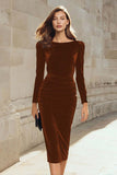 Dark Green Velvet Bodycon Boat Neck Midi Holiday Party Dress