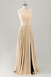 Dark Green A-Line Halter Long Bridesmaid Dress with Slit