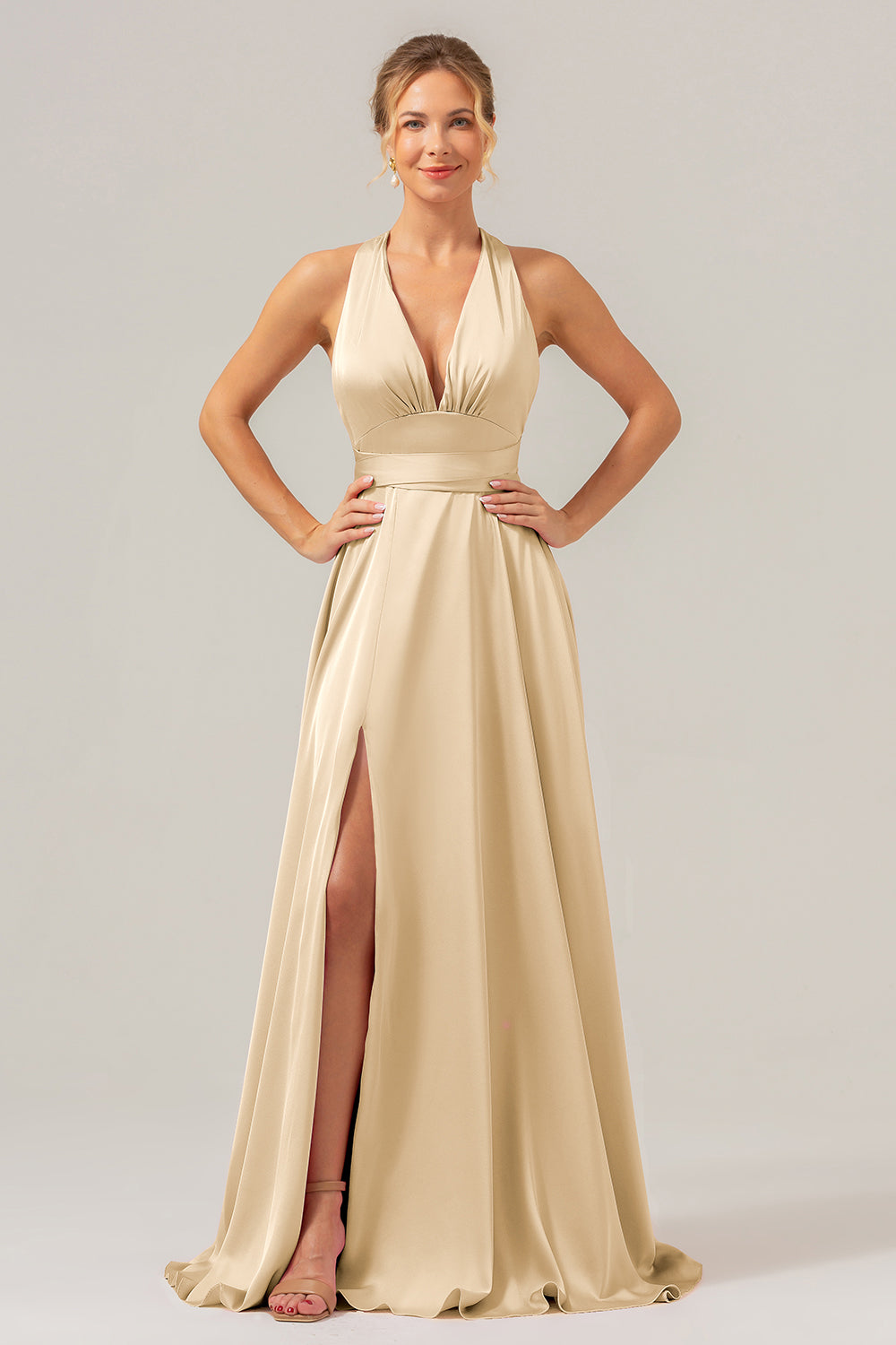 Zapakasa Women Pink Bridesmaid Dress with Slit V-Neck Backless A Line Wedding Party Dress Zapakasa Women Pink Bridesmaid Dress with Slit V-Neck Backless A Line Wedding Party Dress