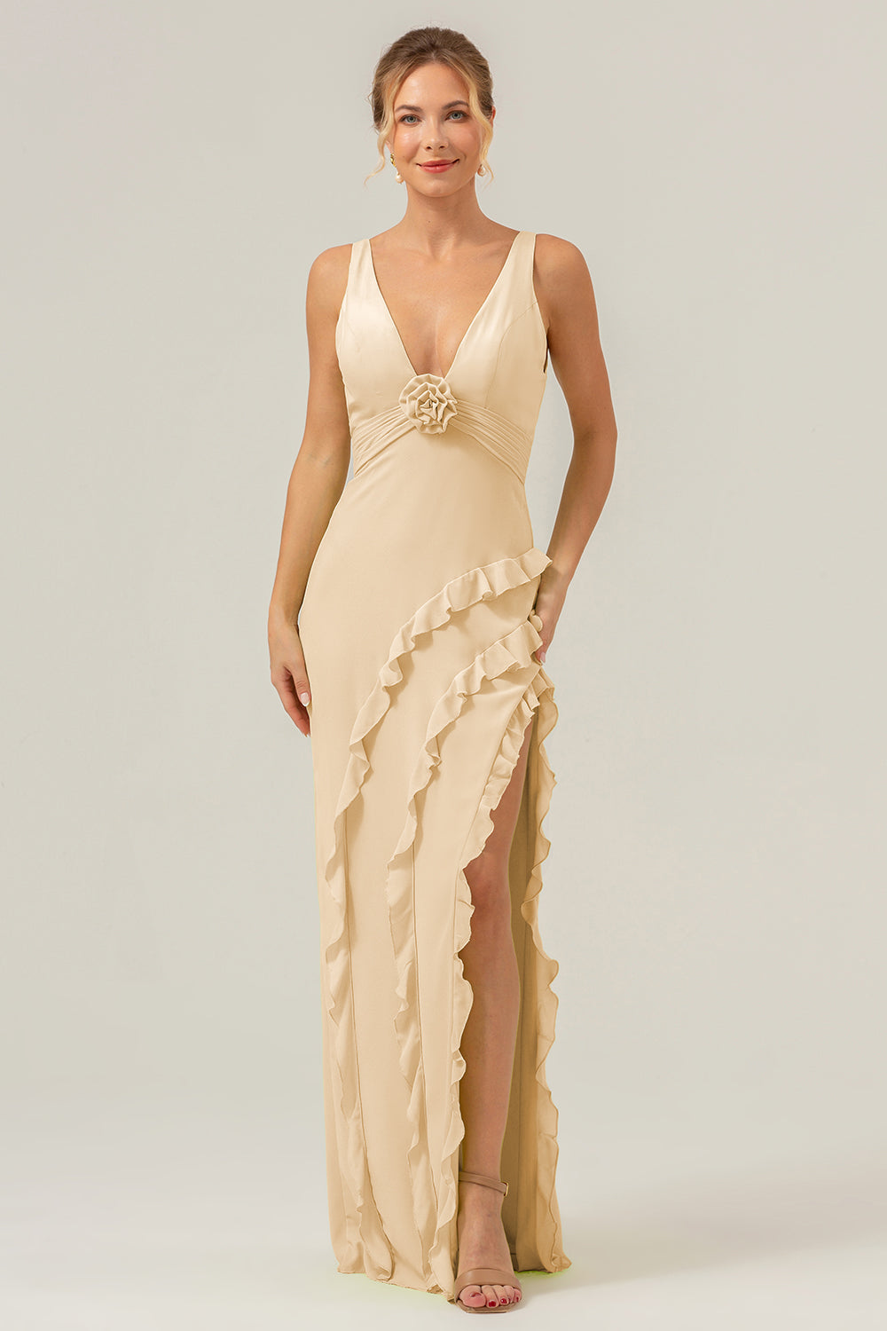 Lime Deep V Neck Ruffles Long Bridesmaid Dress with Slit