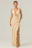 Lime Deep V Neck Ruffles Long Bridesmaid Dress with Slit