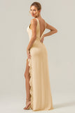 Lime Deep V Neck Ruffles Long Bridesmaid Dress with Slit