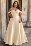Dusty Blue Off the Shoulder Satin A Line Long Prom Dress