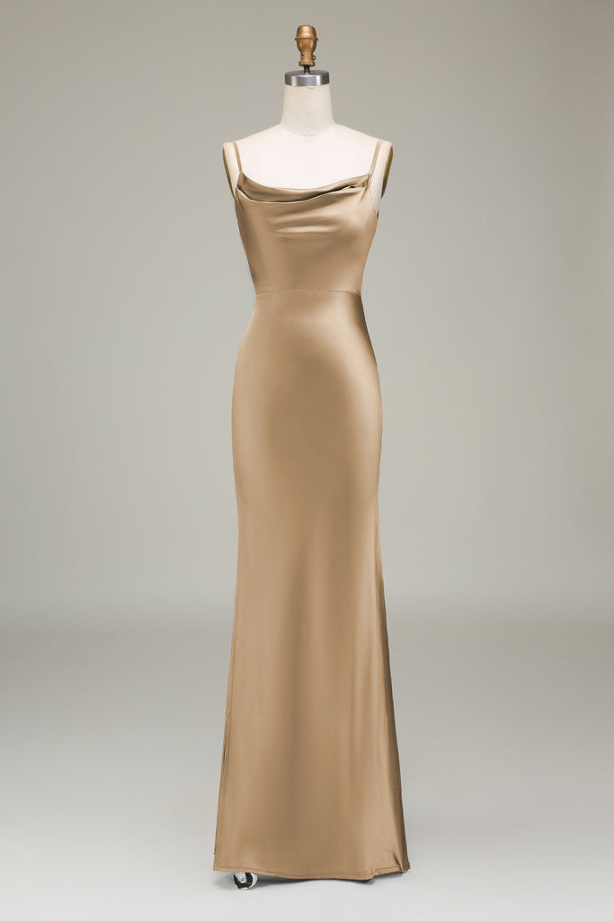 Blue Satin Spaghetti Straps Sheath Long Prom Dress