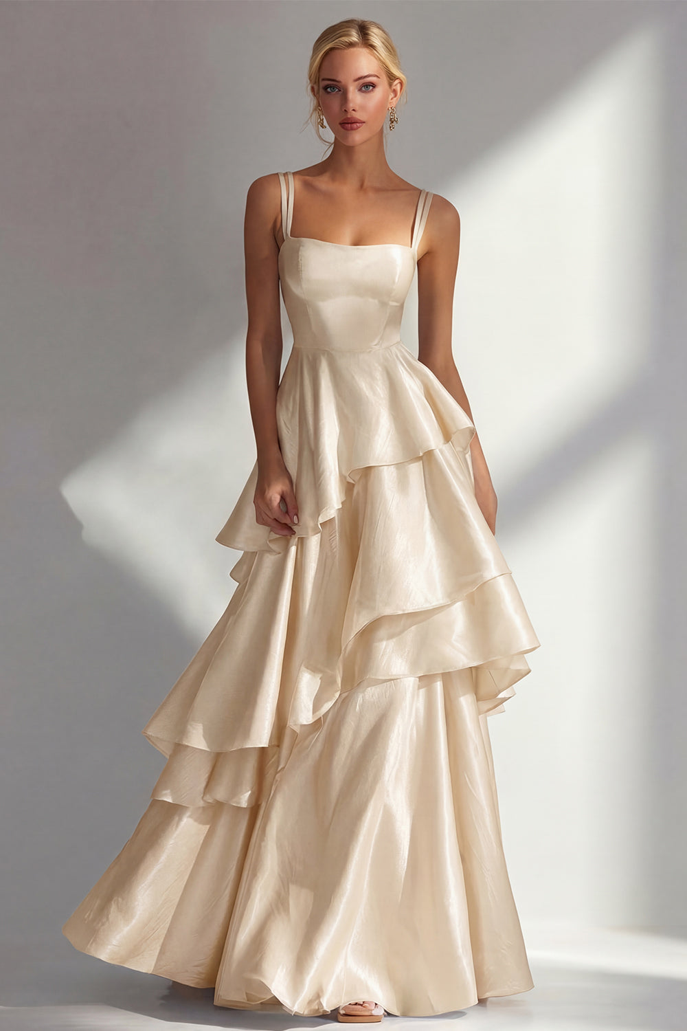 Light Blue A Line Ruffled Square Neck Long Wedding Guest Dress