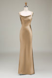 Dusty Blue Sheath Spaghetti Straps Satin Long Bridesmaid Dress